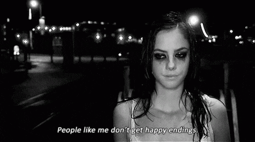 a black and white photo of a woman with a quote that says people like me don t get happy endings
