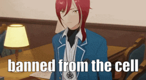 a picture of a anime character with the words banned from the cell