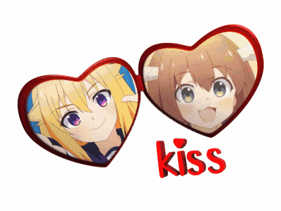 a couple of anime hearts with the word kiss below them