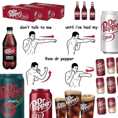 a variety of dr pepper bottles and cans are displayed on a white background
