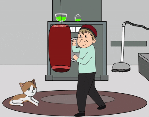 a cartoon of a boy hitting a punching bag with a cat laying on the floor