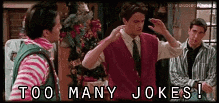a group of men are standing next to each other in a room with the words `` too many jokes '' .