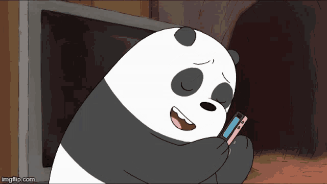 a panda bear is looking at a cell phone in front of a television
