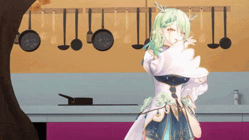 a girl with green hair is standing in front of a wall of pots and ladles
