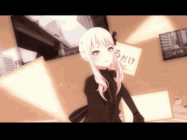 a girl with white hair and red eyes stands in front of a wall with japanese writing