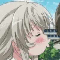 a close up of a girl with white hair and a boy with brown hair kissing her on the cheek .