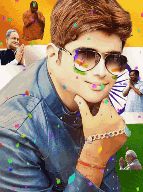 a young man wearing sunglasses is surrounded by confetti