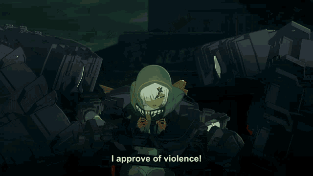 a cartoon character says i approve of violence in front of a building