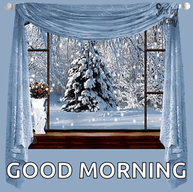 a picture of a snowy forest with the words good morning