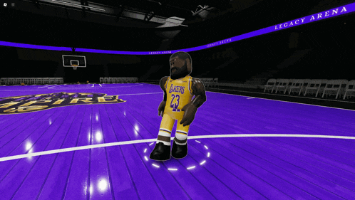 a man in a lakers uniform is standing on a purple court