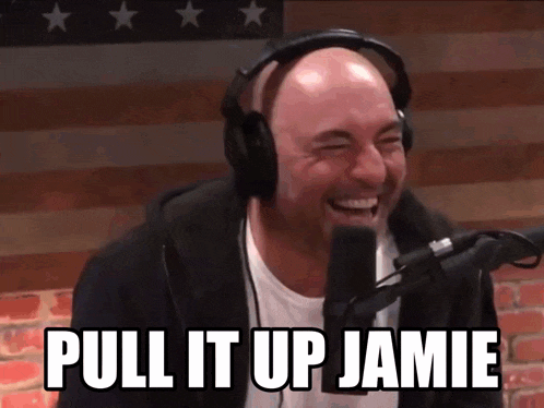 a man wearing headphones is laughing in front of a microphone with the words pull it up jamie written on the screen