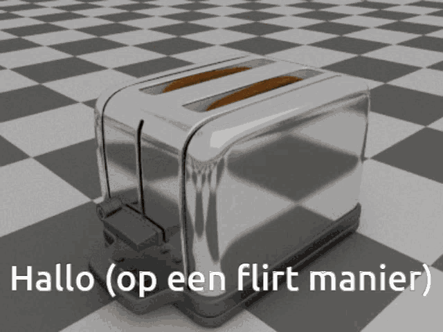 a silver toaster sits on a checkered floor with the words hallo on it