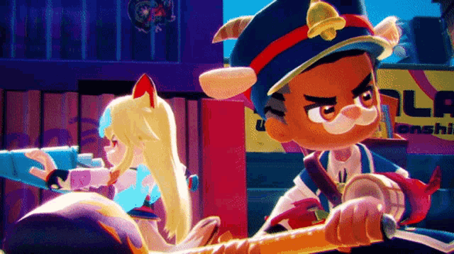 a cartoon character is holding a sword in front of a sign that says " la "