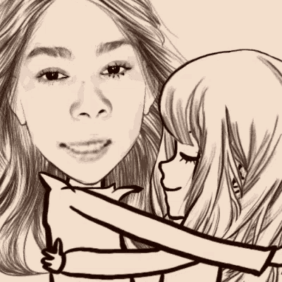 a black and white drawing of a woman hugging a little girl