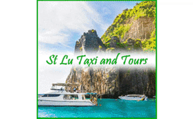 an advertisement for st. lu taxi and tours with a boat in the water