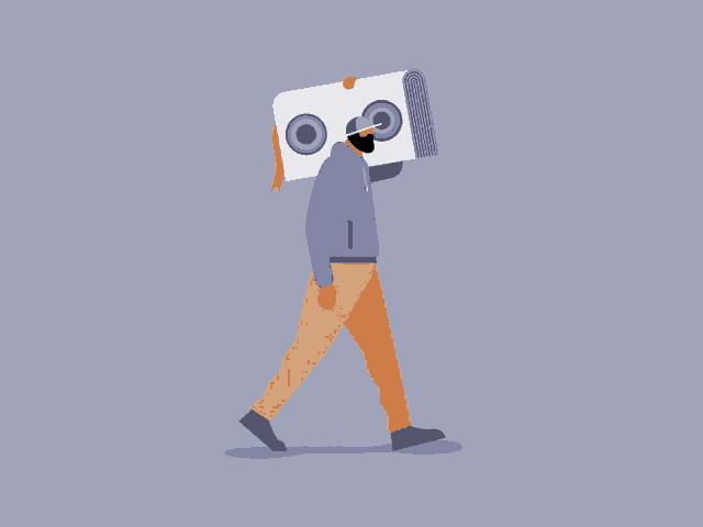 an illustration of a person carrying a book with speakers on it