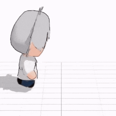 a 3d model of a chibi boy with white hair and red eyes is walking on a tiled floor .