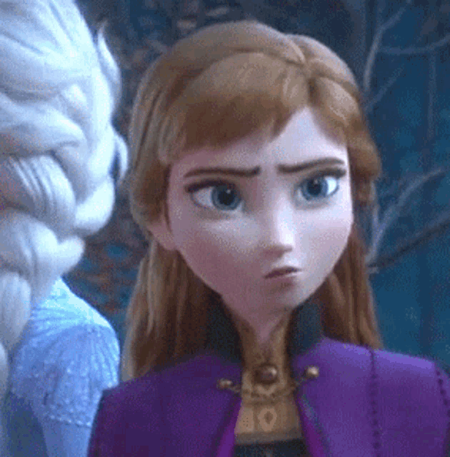 a close up of a cartoon character 's face with a purple jacket on .