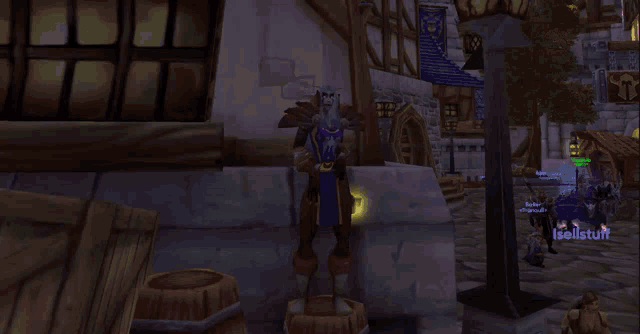 a screenshot of a video game shows a person standing next to a barrel and a window