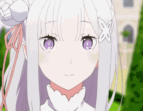 an anime girl with white hair and purple eyes
