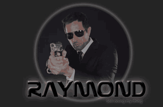 a man in a suit and tie is pointing a gun with raymond still doing anything at the bottom