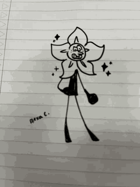 a black and white drawing of a flower with alexa c. written on the bottom
