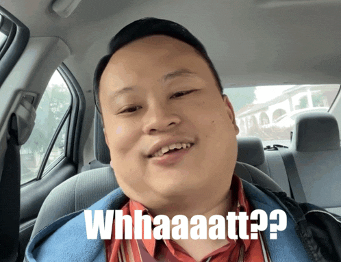 a man sitting in a car with the words whaaaatt on his face
