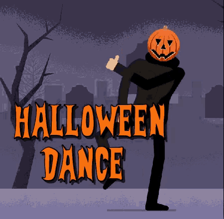 a man with a pumpkin on his head is dancing with the words halloween dance behind him