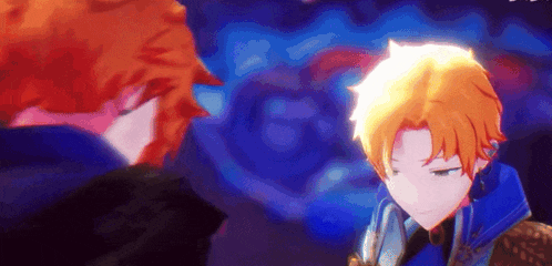 a couple of anime characters are standing next to each other and looking at each other .
