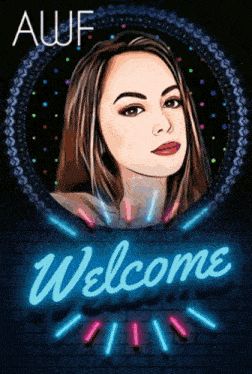 a neon sign with a woman 's face and the words welcome