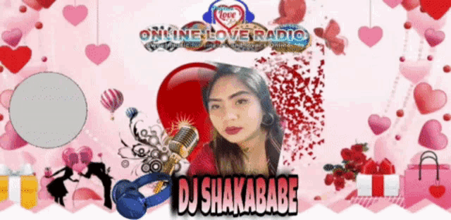 a woman stands in front of a microphone with the name dj shakababe on the bottom right
