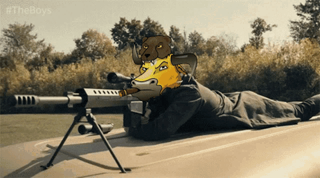 a cartoon of a man laying on the ground with a sniper rifle with the hashtag #theboys on the bottom