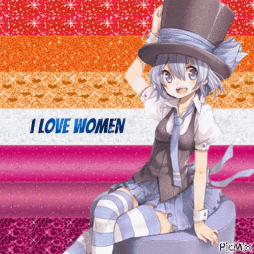 a girl in a top hat is sitting on a couch with the words " i love women " written on the bottom