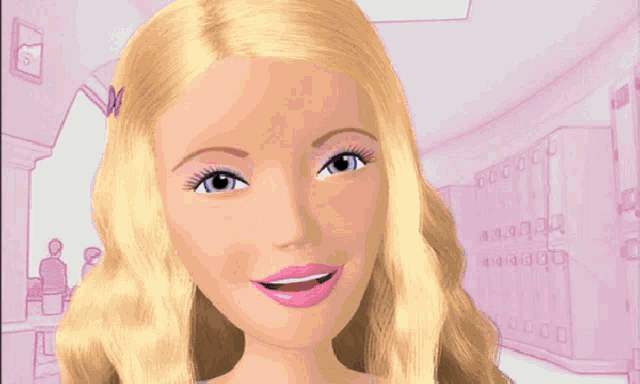 a barbie doll is standing in a hallway with lockers