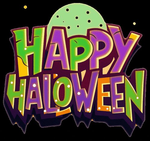 a sign that says happy halloween with a full moon behind it