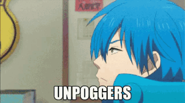a blue haired anime character with the words " unpoggers " on the bottom