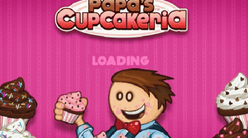 a loading screen for papa 's cupcakeria with a man holding two cupcakes