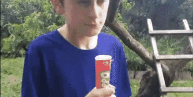 a young boy in a blue shirt is holding a potato chip in his hand .
