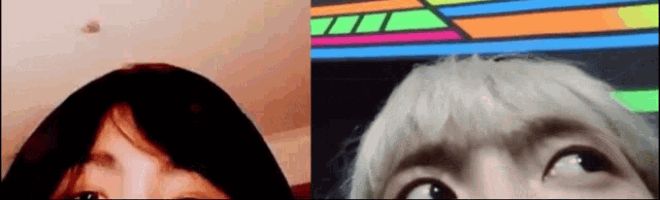 a close up of a woman 's face with a colorful background in the background