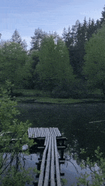 a wooden dock over a lake with trees in the background