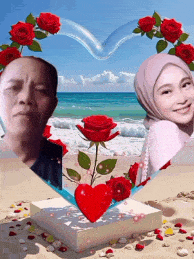 a man and a woman are surrounded by red roses in a heart shape