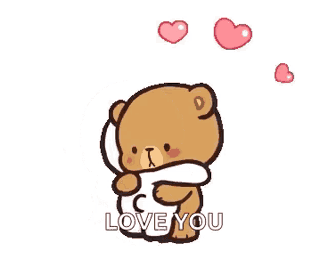 a couple of teddy bears hugging each other with hearts floating around them .