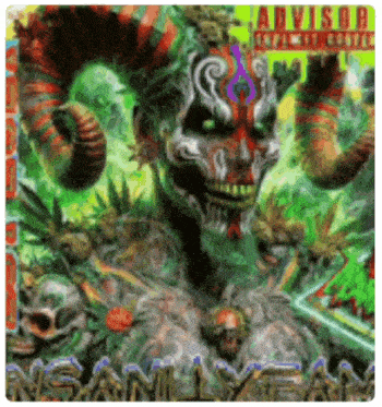 a clown with horns is on the cover of an album called insanity