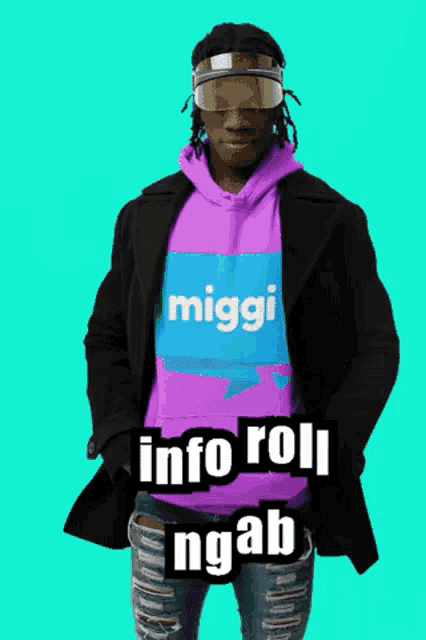a man wearing a purple hoodie that says miggi info roll ngab