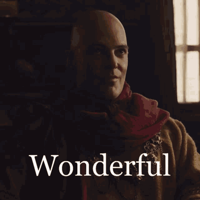 a bald man wearing a red scarf and a yellow sweater says " wonderful "