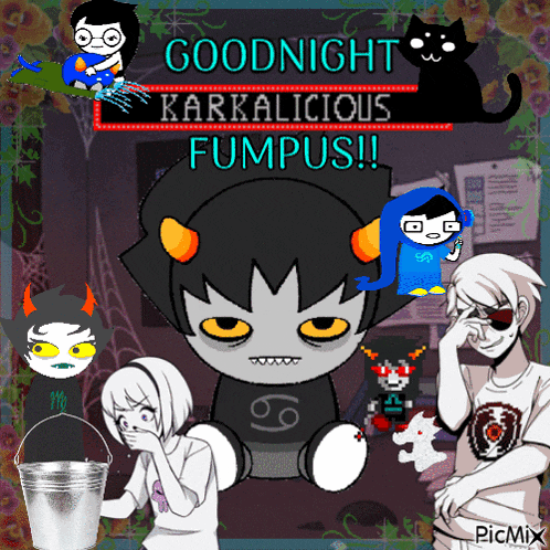 a collage of cartoon characters with the words goodnight karkalicious fumpus on top