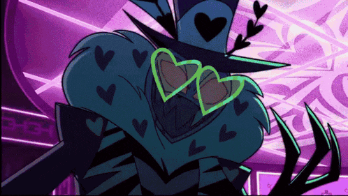 a cartoon character with hearts on his eyes and a hat