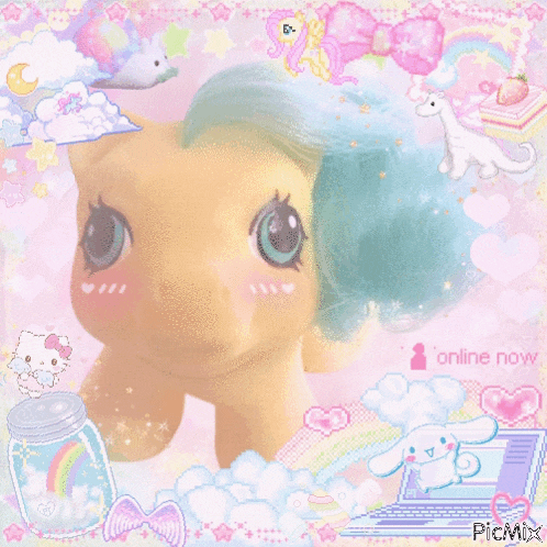 a picture of a pony with the words online now on the bottom left