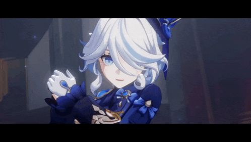 a girl with white hair and blue eyes is wearing a blue and white dress