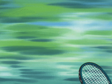 a person holding a tennis racquet in front of a green and blue background